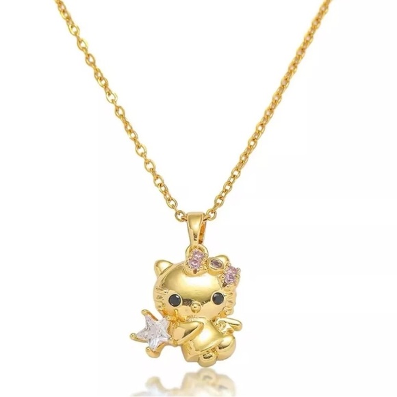 Hello Kitty Jewelry - 18K Gold Hello Kitty Angel Holding Diamond Star Pendant Necklace Sanrio Kawaii